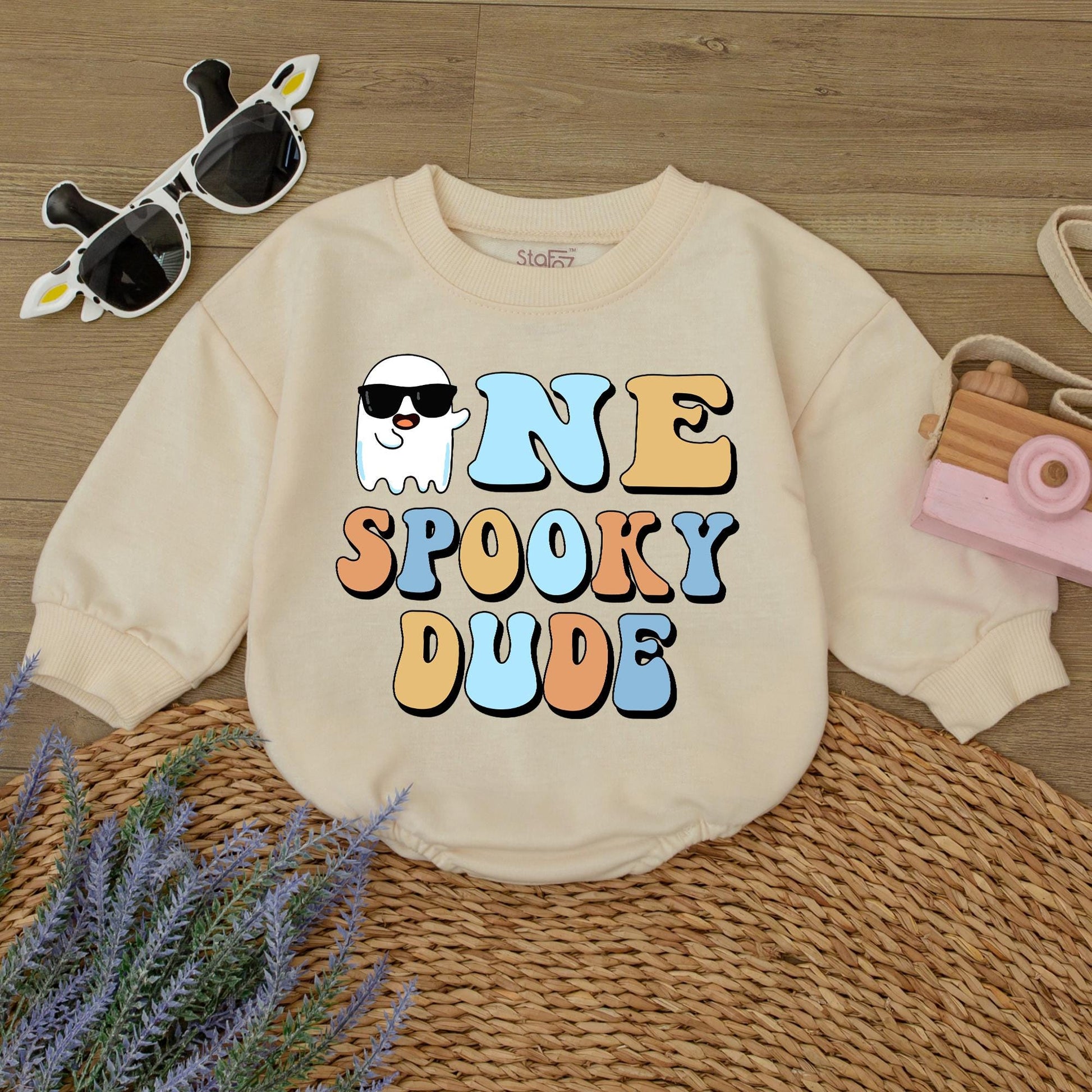 One Spooky Dude 1st Birthday Halloween Outfit Baby Boy Sweatshirt Romper Retro Ghost Sunglasses Design, Light Blue Orange White First Birthday Party Clothes