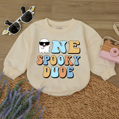 One Spooky Dude 1st Birthday Halloween Outfit Baby Boy Sweatshirt Romper Retro Ghost Sunglasses Design, Light Blue Orange White First Birthday Party Clothes