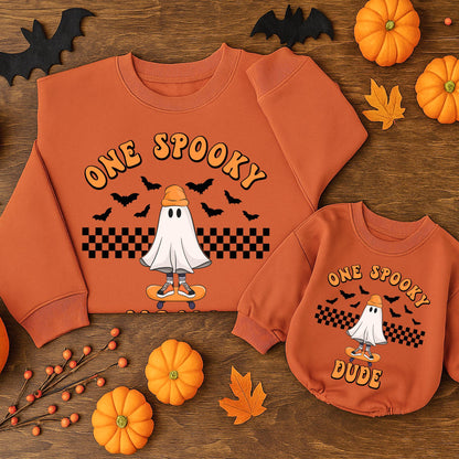 One Spooky Dude Birthday Sweater: Halloween Ghost Skateboard, Checkered Baby Boy Outfit, Matching Family Halloween Sweatshirt, Spooky First Birthday