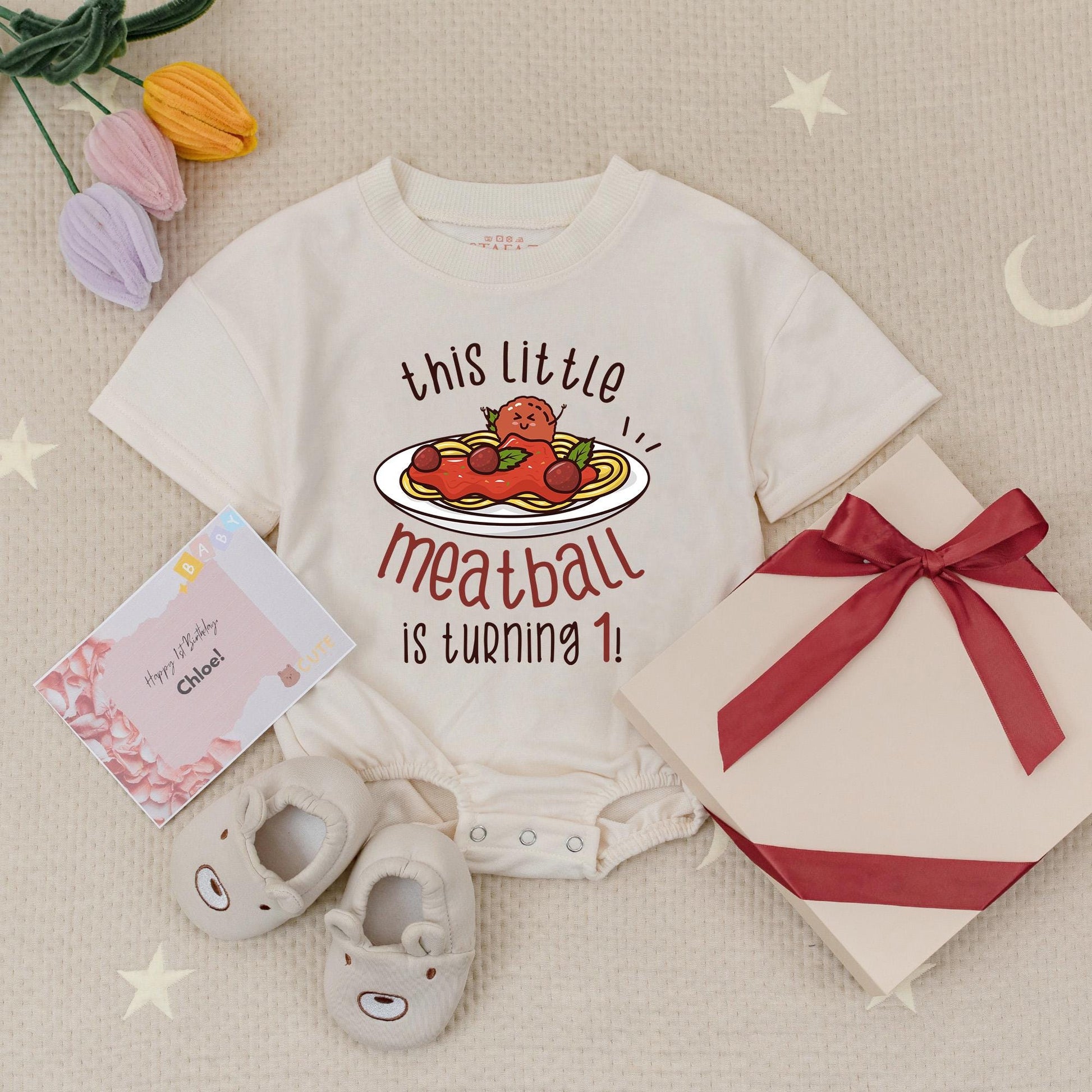 Cute Cartoon Spaghetti Meatball First Birthday Bubble Romper "This Little Meatball is Turning One" Italian Custom Red Yellow Baby Outfit
