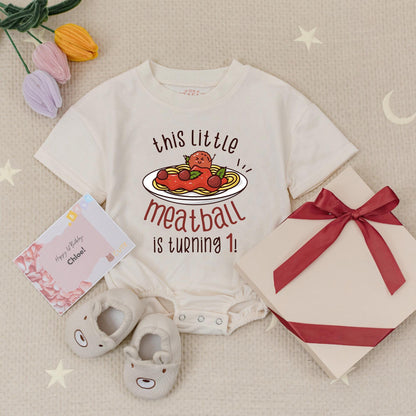 Cute Cartoon Spaghetti Meatball First Birthday Bubble Romper "This Little Meatball is Turning One" Italian Custom Red Yellow Baby Outfit