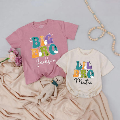 Custom Halloween Big Bro Lil Bro Shirts, Retro Spooky Matching Sibling Outfit, Personalized Brother Names Teal Orange Ghost Bat Tee, Costume