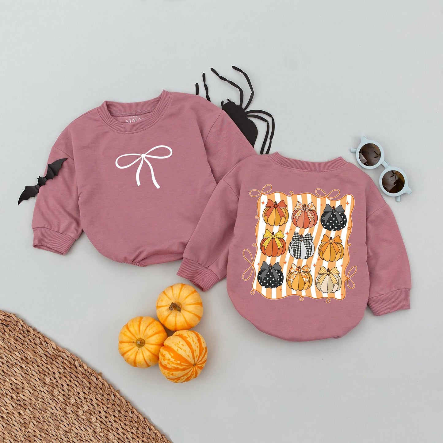 Cute Fall Brown Bow Pumpkin Bubble Romper for Baby Girls Retro Autumn Outfit with Vertical Stripes Soft Cotton Autumn Baby Gift