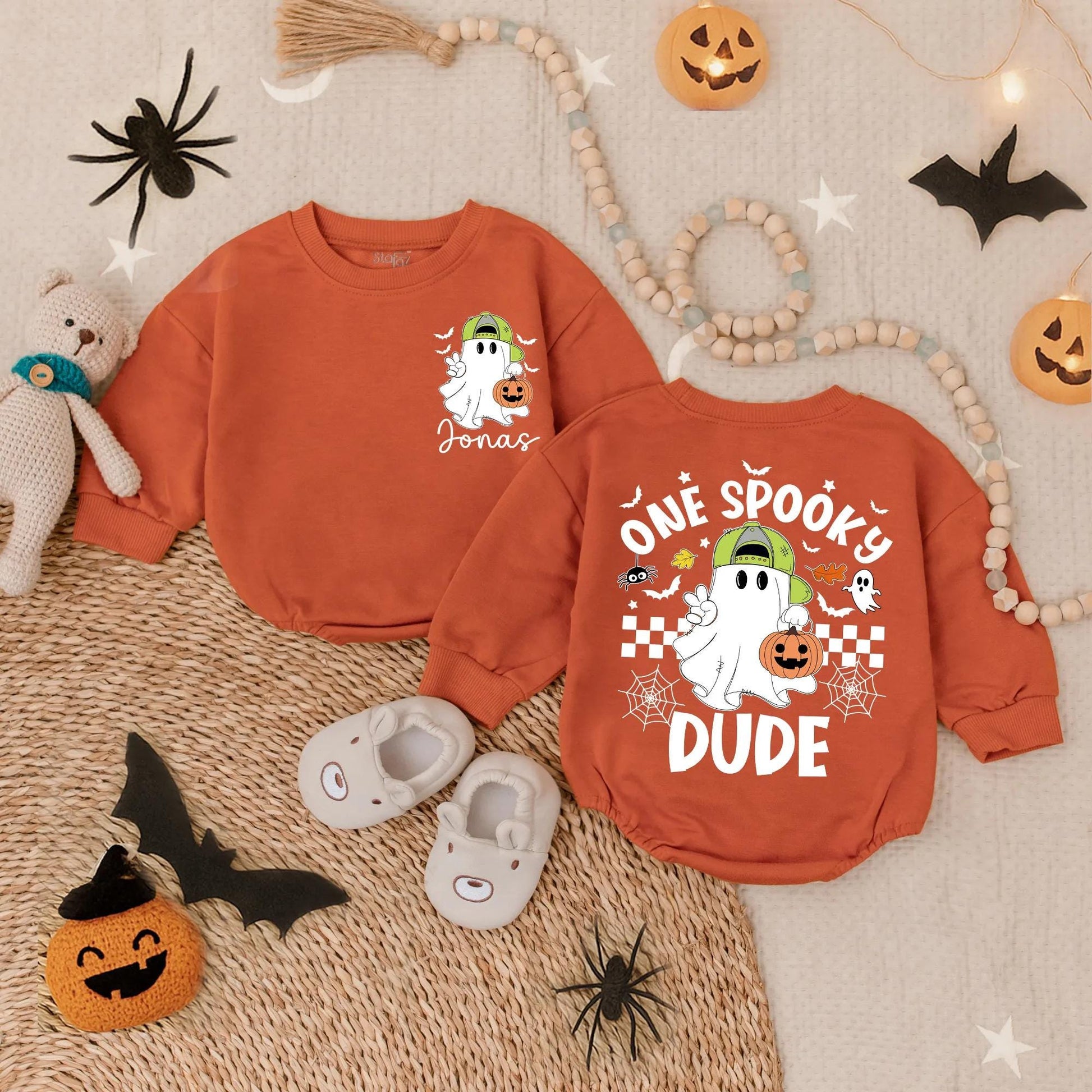 Customized One Spooky Dude Bubble Romper Baby Boy First Halloween Outfit Toddler Spooky Costume Black White Checkered Spiderweb Ghost Pumpkin
