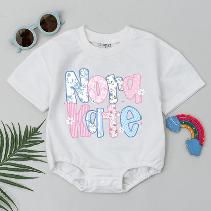Nora Kate Patchwork Name Baby Romper, Floral Summer Bodysuit, Cute First Birthday Outfit, Whimsical Custom Baby Girl Clothes Shower Gift Idea 139