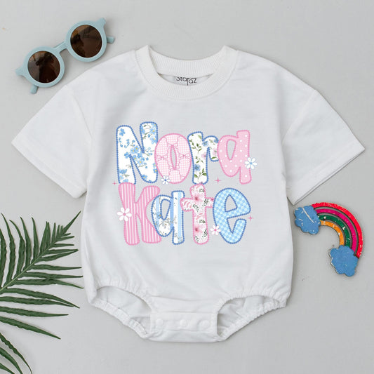 Nora Kate Patchwork Name Baby Romper, Floral Summer Bodysuit, Cute First Birthday Outfit, Whimsical Custom Baby Girl Clothes Shower Gift Idea 139