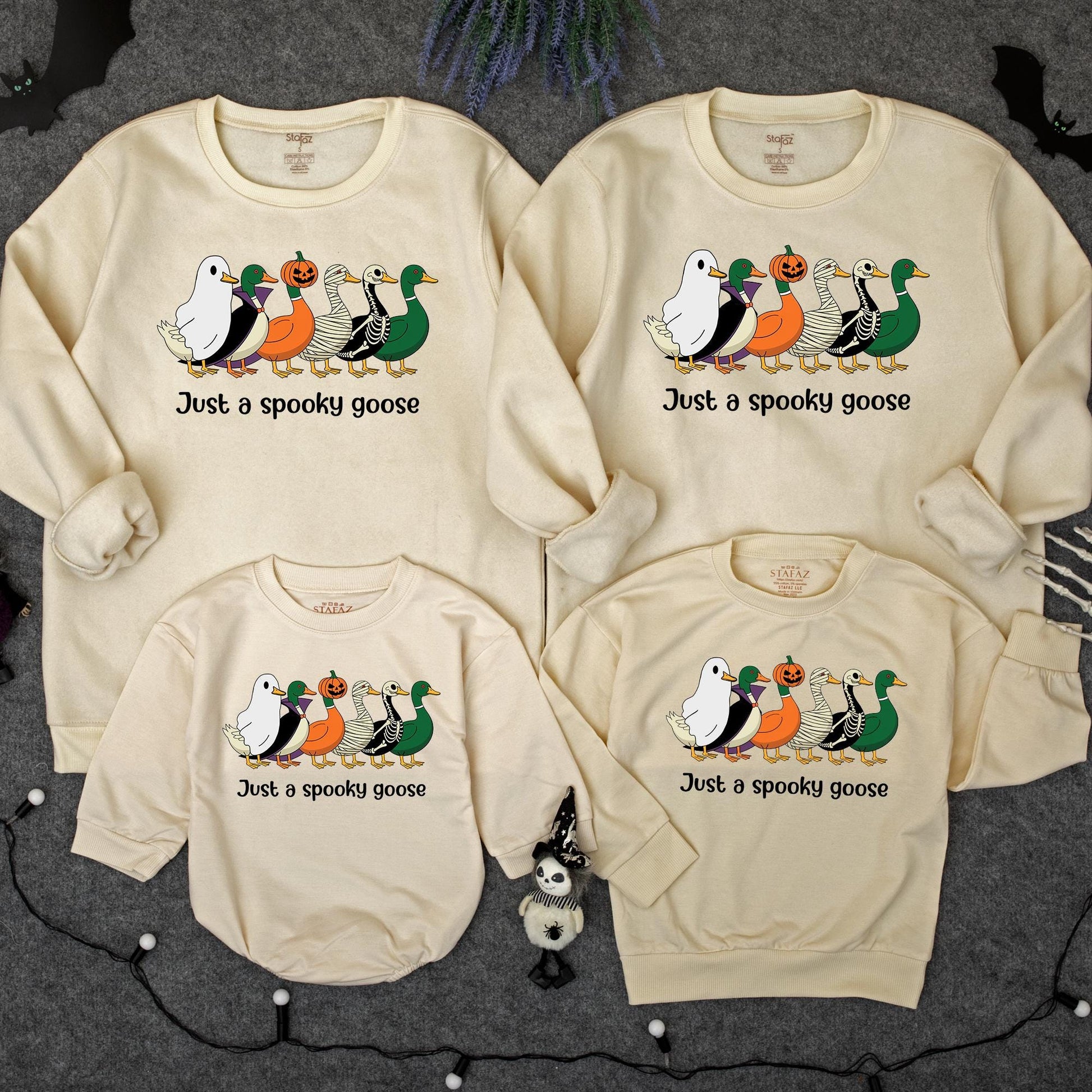Spooky Goose Halloween Baby Romper: Funny Costume Sweatshirt Outfit! Cute Ghost, Mummy, & Jack-O-Lantern Cartoon Geese for Fall, 1st Birthday Gift (139 chars)