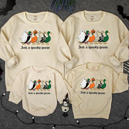 Spooky Goose Halloween Baby Romper: Funny Costume Sweatshirt Outfit! Cute Ghost, Mummy, & Jack-O-Lantern Cartoon Geese for Fall, 1st Birthday Gift (139 chars)