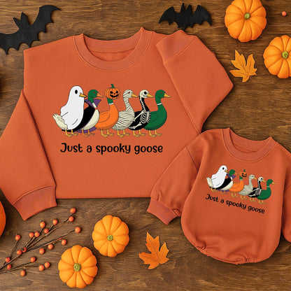 Spooky Goose Halloween Baby Romper: Funny Costume Sweatshirt Outfit! Cute Ghost, Mummy, & Jack-O-Lantern Cartoon Geese for Fall, 1st Birthday Gift (139 chars)