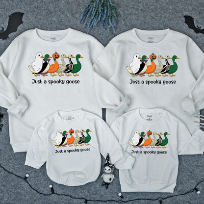 Spooky Goose Halloween Baby Romper: Funny Costume Sweatshirt Outfit! Cute Ghost, Mummy, & Jack-O-Lantern Cartoon Geese for Fall, 1st Birthday Gift (139 chars)