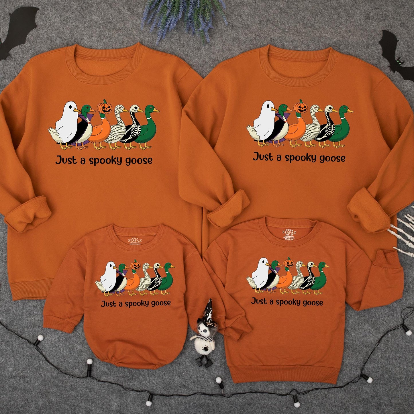 Spooky Goose Halloween Baby Romper: Funny Costume Sweatshirt Outfit! Cute Ghost, Mummy, & Jack-O-Lantern Cartoon Geese for Fall, 1st Birthday Gift (139 chars)
