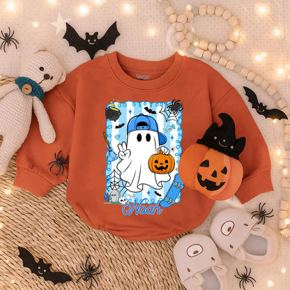 Spooky Dude Personalized Halloween Romper, Baby's First Halloween Outfit with Cartoon Ghost, Bats & Tombstones, Fall Baby Boy Costume, Noah's Outfit (139 chars)