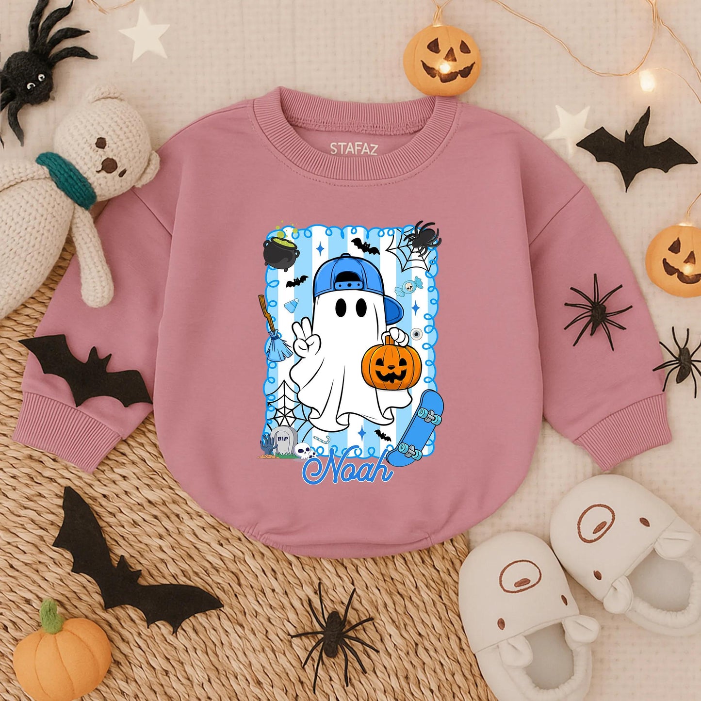 Spooky Dude Personalized Halloween Romper, Baby's First Halloween Outfit with Cartoon Ghost, Bats & Tombstones, Fall Baby Boy Costume, Noah's Outfit (139 chars)