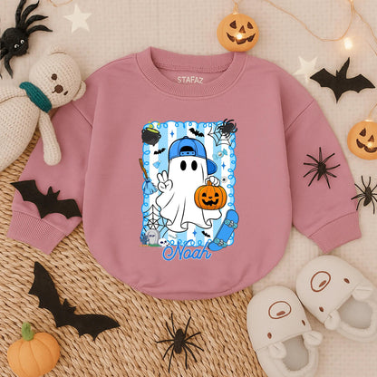 Spooky Dude Personalized Halloween Romper, Baby's First Halloween Outfit with Cartoon Ghost, Bats & Tombstones, Fall Baby Boy Costume, Noah's Outfit (139 chars)