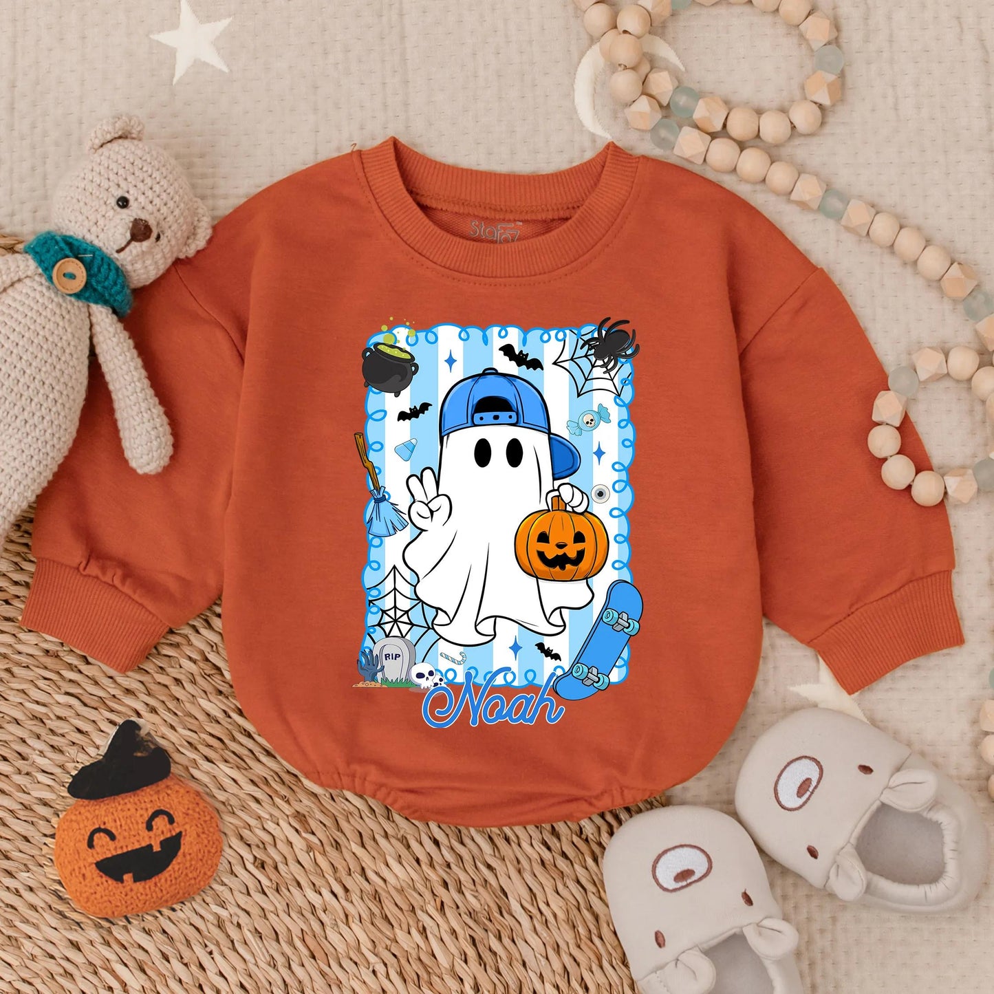 Spooky Dude Personalized Halloween Romper, Baby's First Halloween Outfit with Cartoon Ghost, Bats & Tombstones, Fall Baby Boy Costume, Noah's Outfit (139 chars)