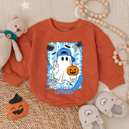 Spooky Dude Personalized Halloween Romper, Baby's First Halloween Outfit with Cartoon Ghost, Bats & Tombstones, Fall Baby Boy Costume, Noah's Outfit (139 chars)