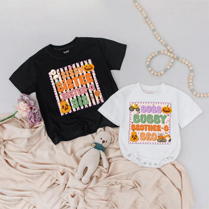 Retro Sibling Halloween Shirts: Spooky Fun Brother-Sister Outfits, Ghost Pumpkin Design, Personalized Fall Baby Tee, Cartoon Halloween Family Apparel