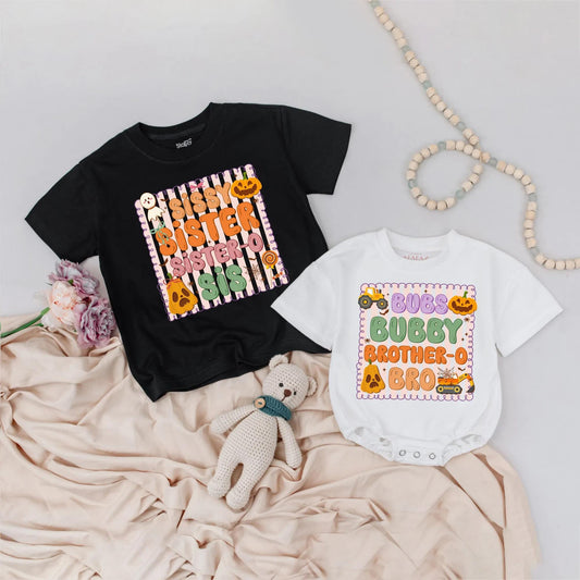 Retro Sibling Halloween Shirts: Spooky Fun Brother-Sister Outfits, Ghost Pumpkin Design, Personalized Fall Baby Tee, Cartoon Halloween Family Apparel