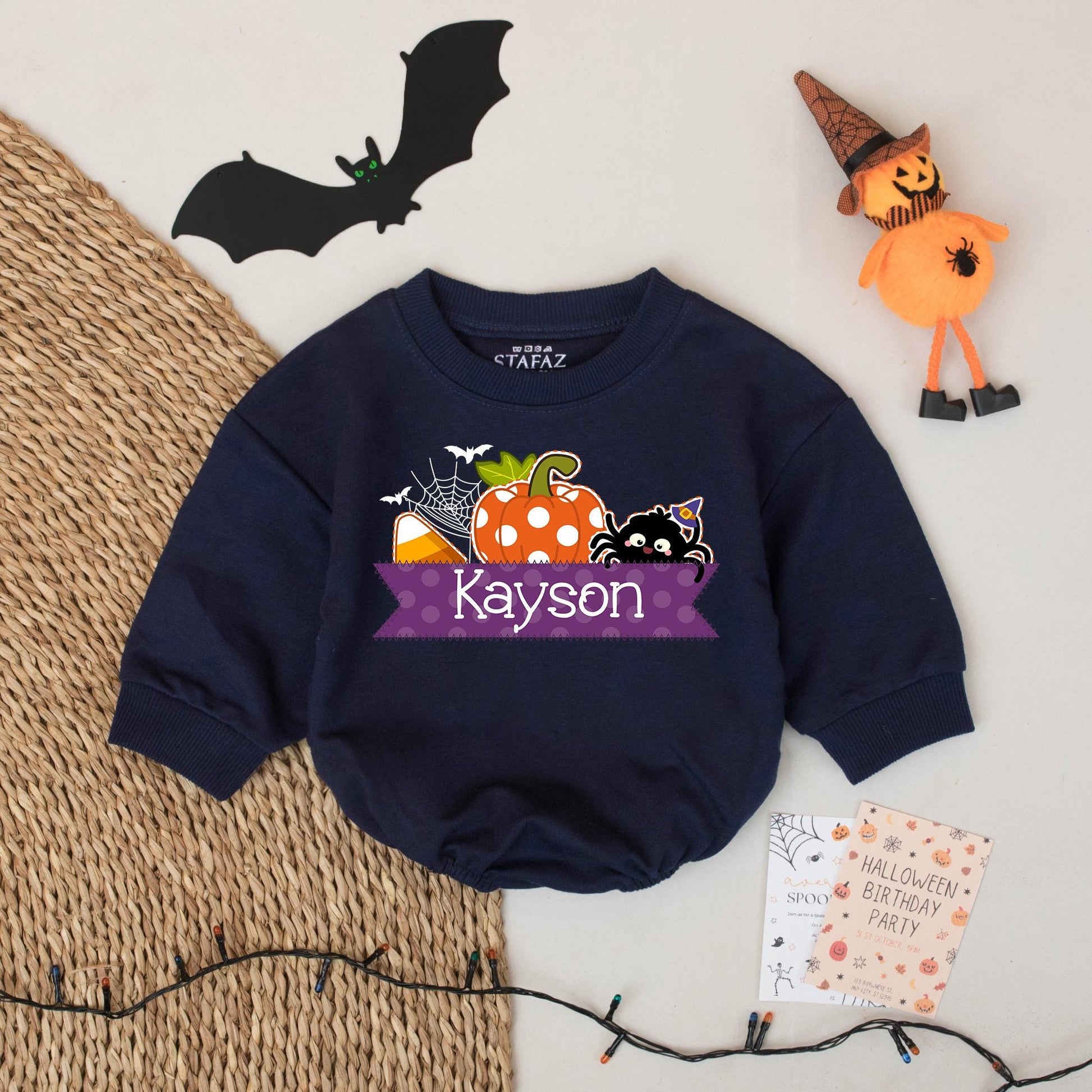 Kayson's First Halloween Baby Romper Cute Pumpkin Spiderweb Party Outfit Soft Cotton Personalized Newborn Fall Gift