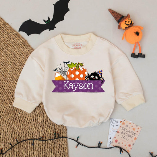 Kayson's First Halloween Baby Romper Cute Pumpkin Spiderweb Party Outfit Soft Cotton Personalized Newborn Fall Gift