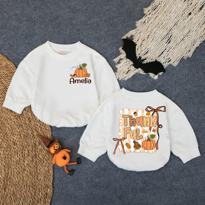 Custom Amelia Bubble Romper with "ThankFUL" Fall Design Baby Thanksgiving Outfit Personalized Toddler Autumn Clothes