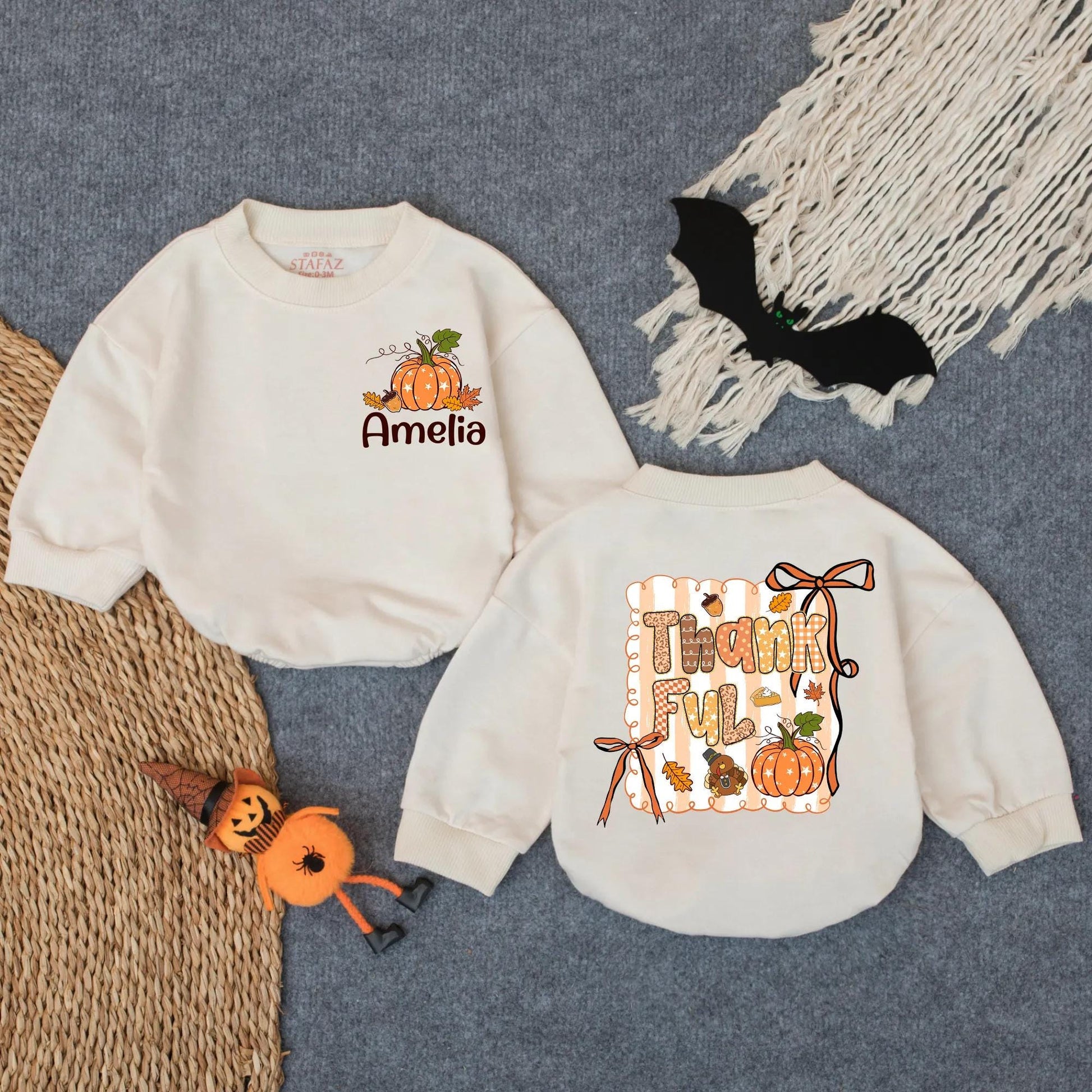 Custom Amelia Bubble Romper with "ThankFUL" Fall Design Baby Thanksgiving Outfit Personalized Toddler Autumn Clothes