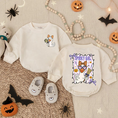 Spooky Girl Goose Bubble Romper Halloween Outfit Baby Toddler Costume Cute Cartoon Design Purple Yellow White First Halloween Gift Fall Outfit (139 chars)