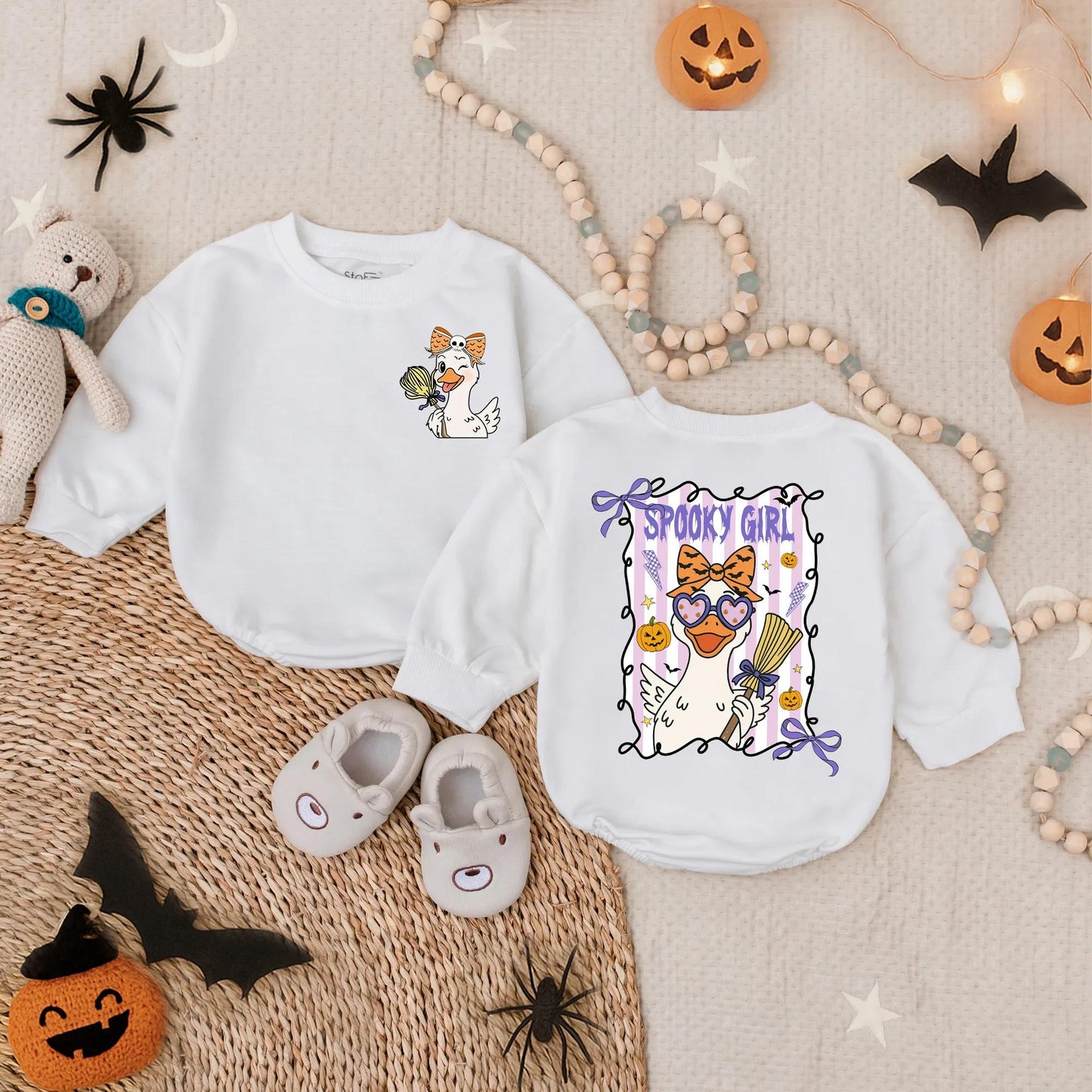 Spooky Girl Goose Bubble Romper Halloween Outfit Baby Toddler Costume Cute Cartoon Design Purple Yellow White First Halloween Gift Fall Outfit (139 chars)