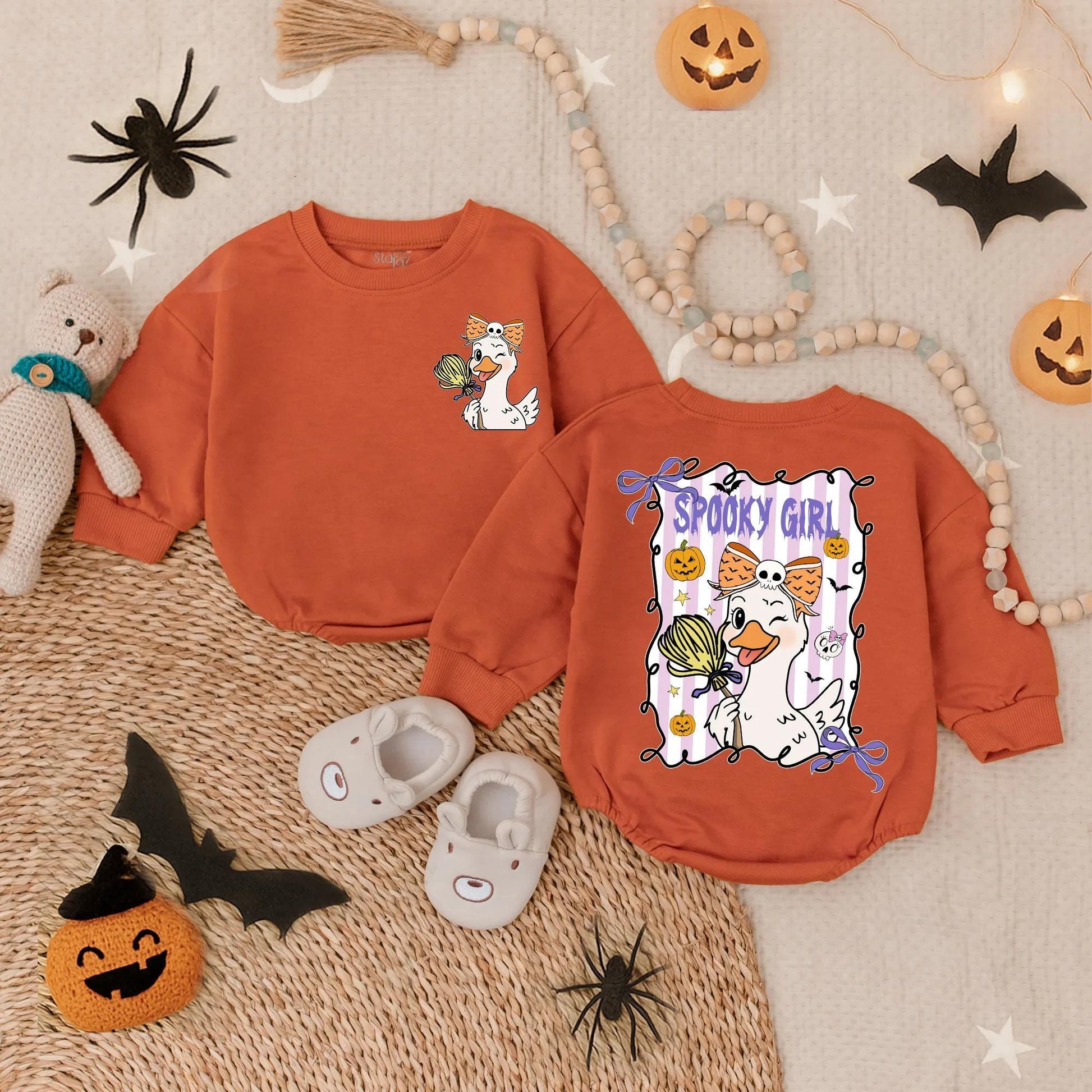 Spooky Girl Goose Bubble Romper Halloween Outfit Baby Toddler Costume Cute Cartoon Design Purple Yellow White First Halloween Gift Fall Outfit (139 chars)