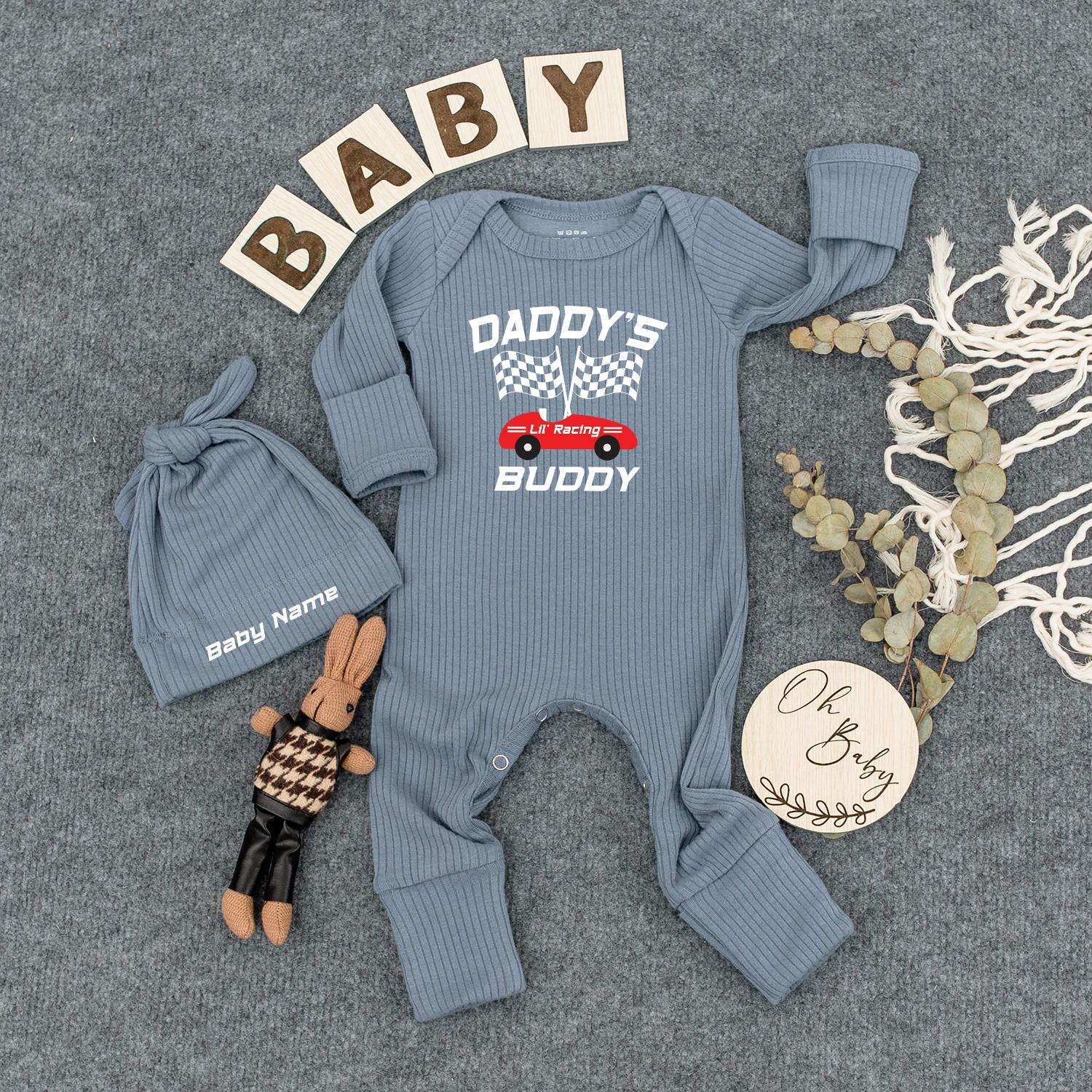Personalized Daddy's Lil' Racing Buddy Bodysuit & Hat Set for Baby Boys Newborn Race Car Checkered Flag Gift