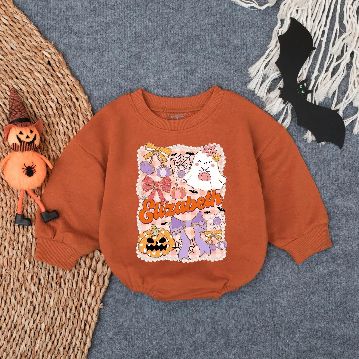 Personalized Elizabeth Halloween Bubble Romper Spooky Baby Outfit, Ghost, Bat, Pumpkin Design for 1st Halloween, Toddler Clothes Gift