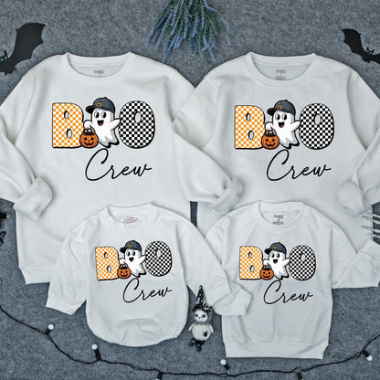 Boo Crew Ghost Romper Sweatshirt Baby Halloween Outfit Cute Checkerboard Ghost Jack-o-Lantern Toddler Fall Costume Bodysuit Sweater