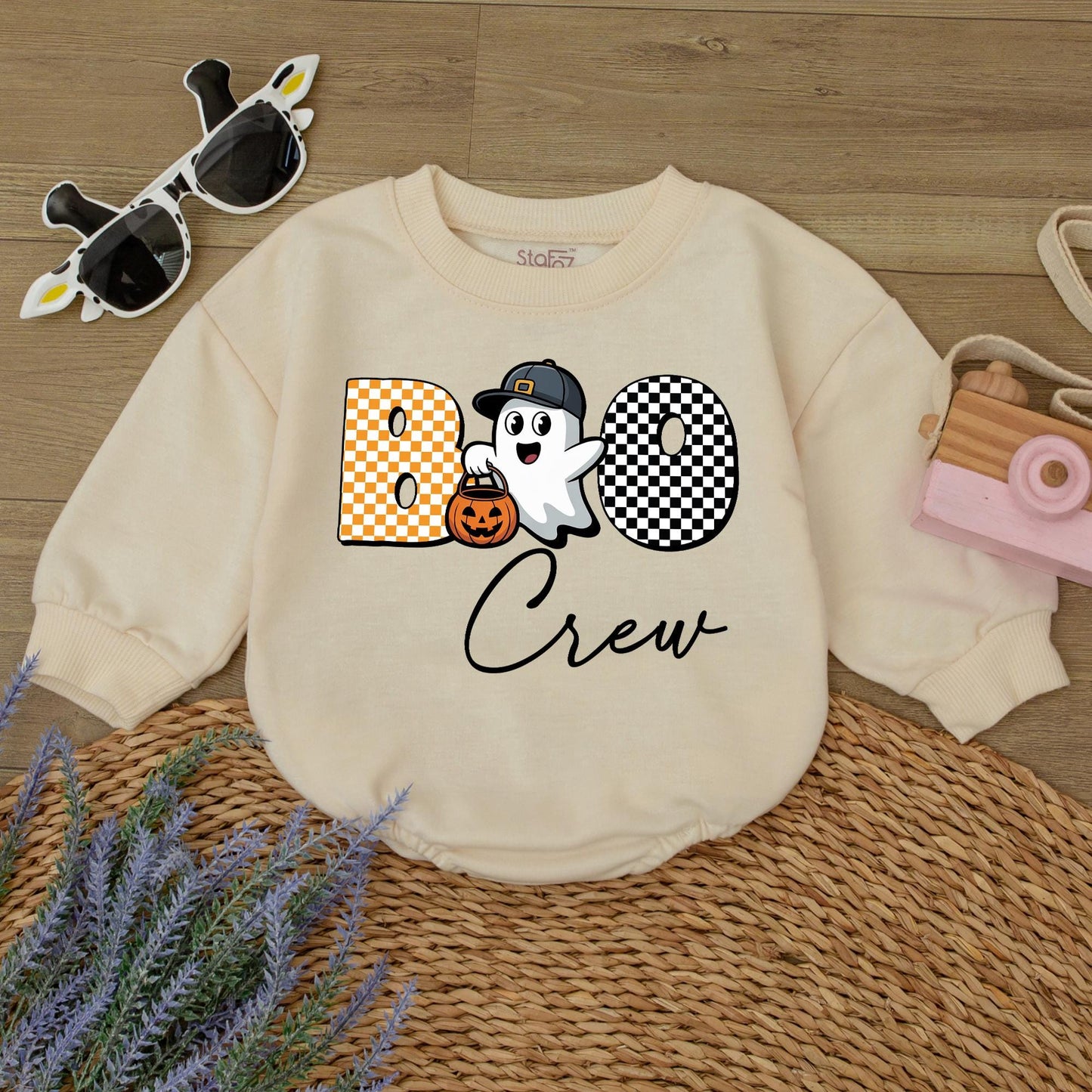 Boo Crew Ghost Romper Sweatshirt Baby Halloween Outfit Cute Checkerboard Ghost Jack-o-Lantern Toddler Fall Costume Bodysuit Sweater