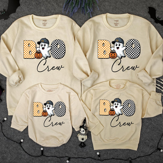 Boo Crew Ghost Romper Sweatshirt Baby Halloween Outfit Cute Checkerboard Ghost Jack-o-Lantern Toddler Fall Costume Bodysuit Sweater