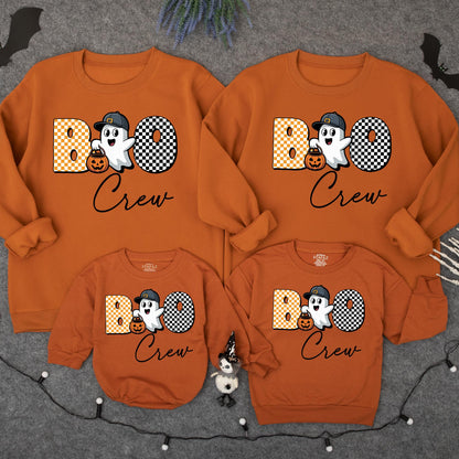 Boo Crew Ghost Romper Sweatshirt Baby Halloween Outfit Cute Checkerboard Ghost Jack-o-Lantern Toddler Fall Costume Bodysuit Sweater