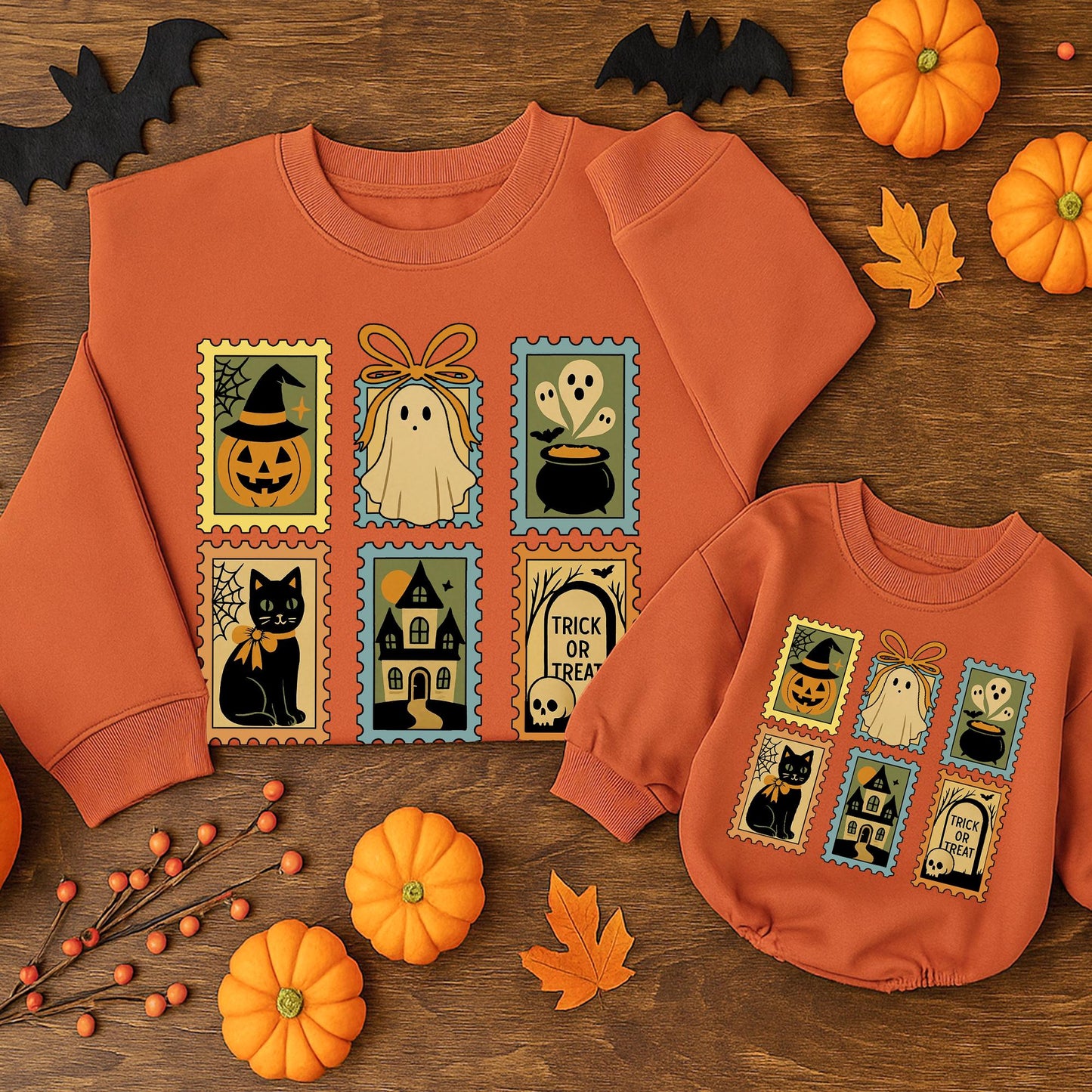 Vintage Halloween Stamp Sweatshirt Trick or Treat Ghost Jack-o'-Lantern Crewneck Spooky Season Outfit