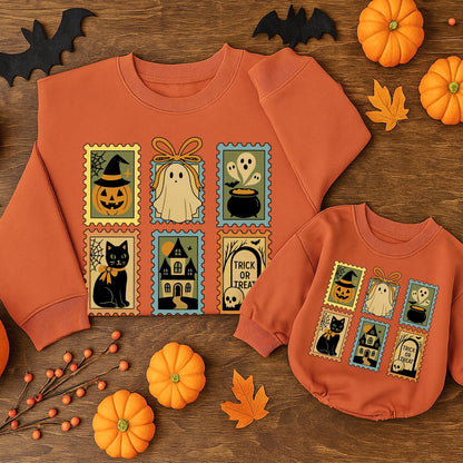 Vintage Halloween Stamp Sweatshirt Trick or Treat Ghost Jack-o'-Lantern Crewneck Spooky Season Outfit