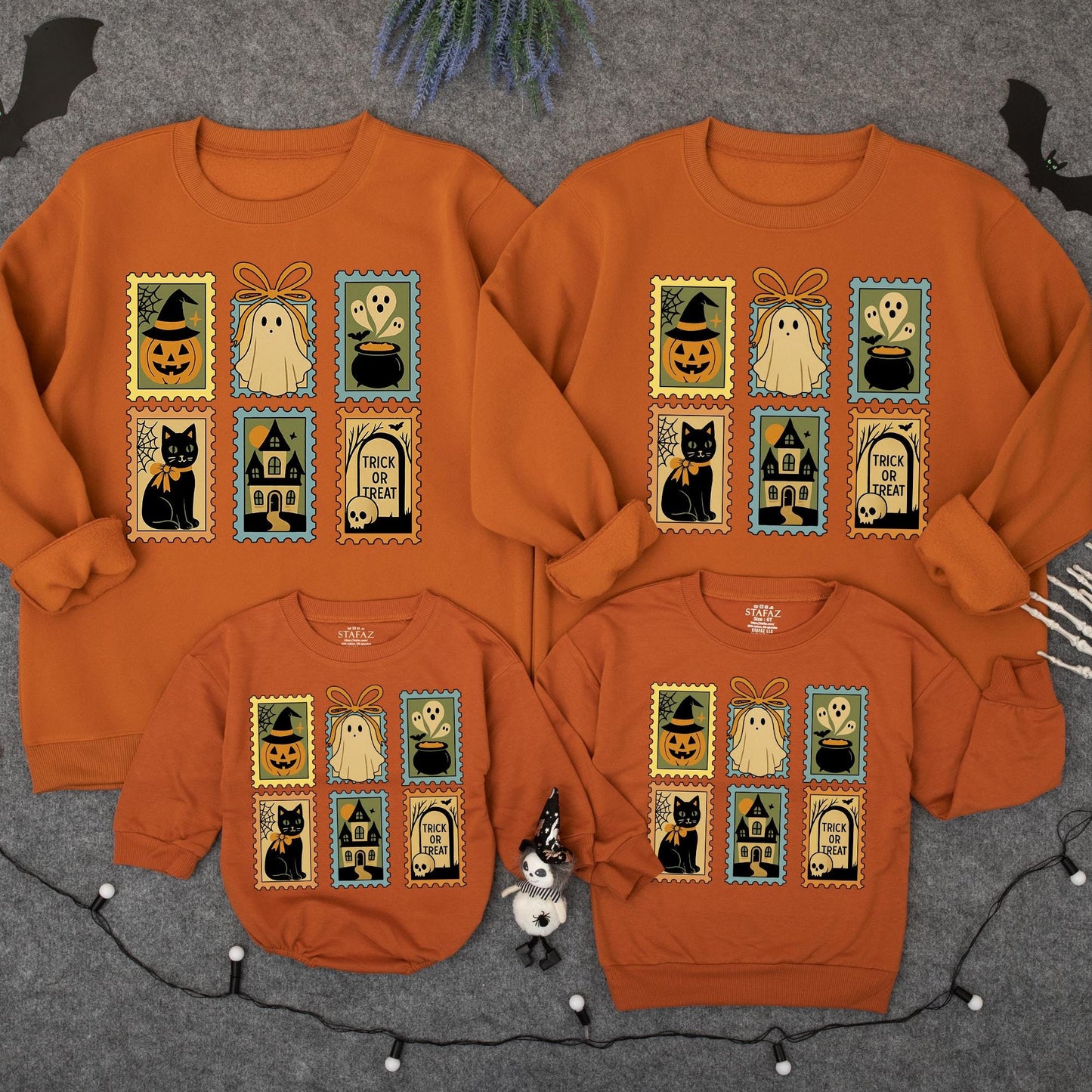 Vintage Halloween Stamp Sweatshirt Trick or Treat Ghost Jack-o'-Lantern Crewneck Spooky Season Outfit