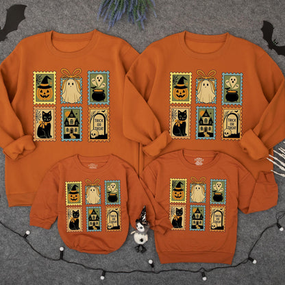 Vintage Halloween Stamp Sweatshirt Trick or Treat Ghost Jack-o'-Lantern Crewneck Spooky Season Outfit