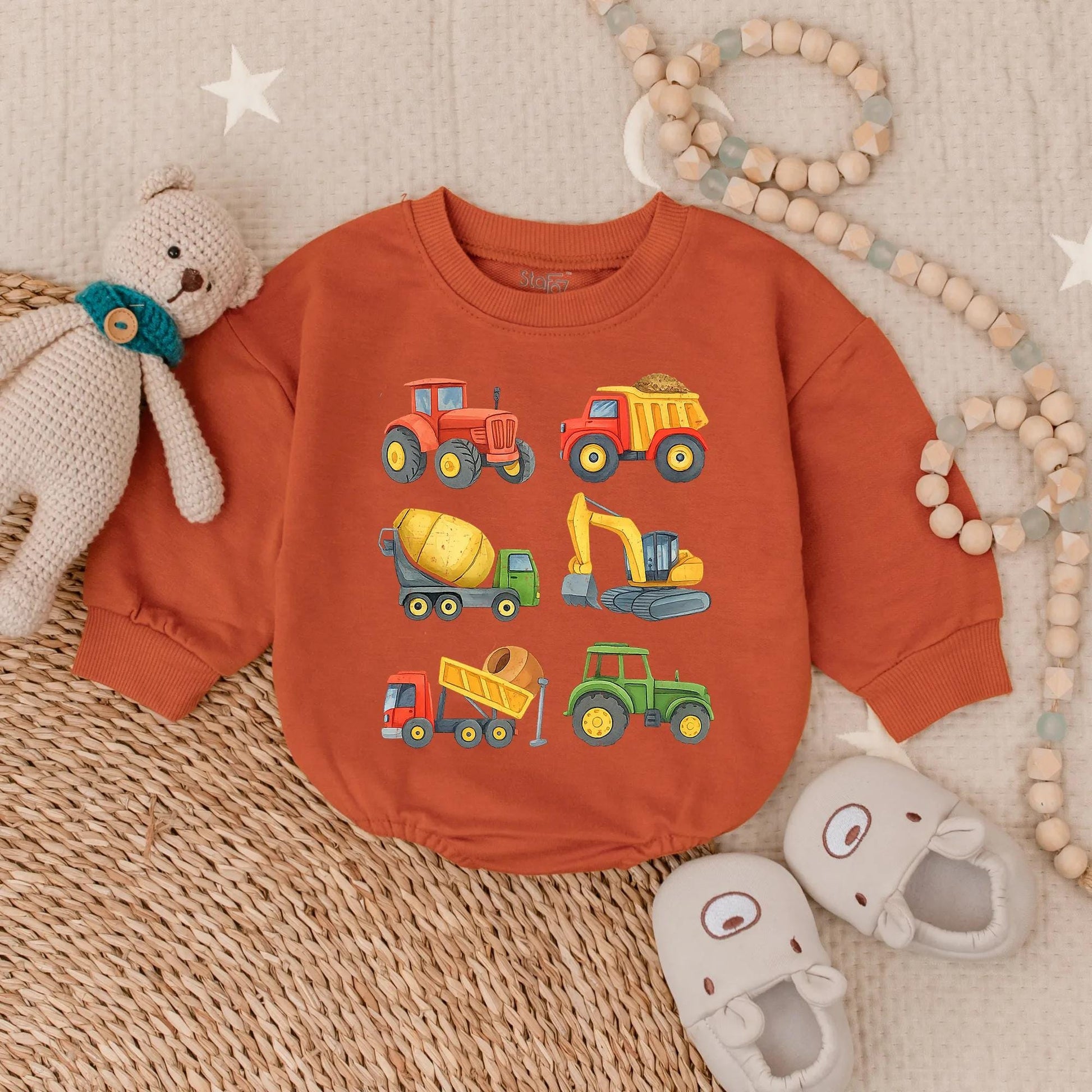 Construction Vehicle Baby Romper Toddler Boy Bubble Outfit Excavator Lover Gift Bright Cartoon Style
