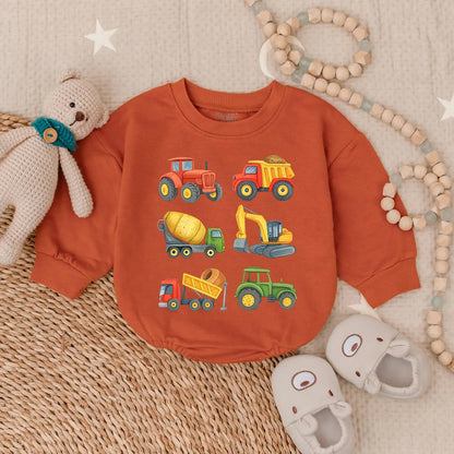 Construction Vehicle Baby Romper Toddler Boy Bubble Outfit Excavator Lover Gift Bright Cartoon Style