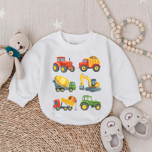 Construction Vehicle Baby Romper Toddler Boy Bubble Outfit Excavator Lover Gift Bright Cartoon Style