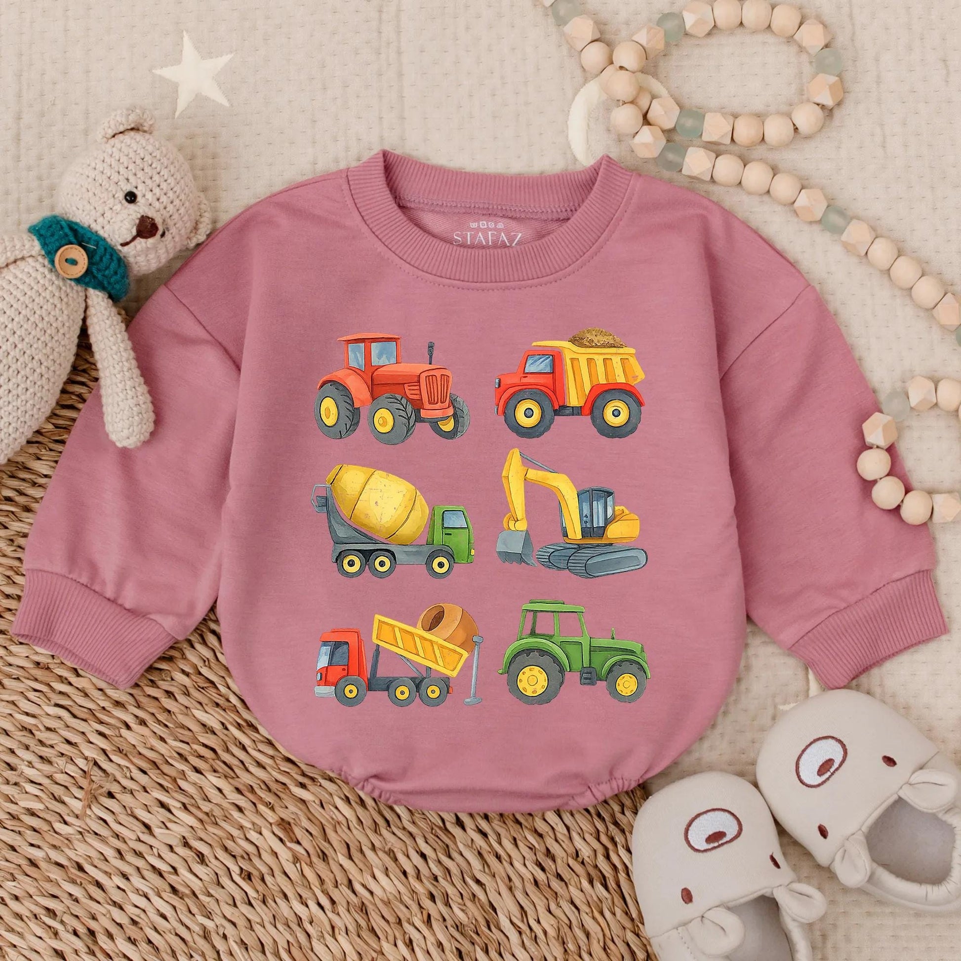 Construction Vehicle Baby Romper Toddler Boy Bubble Outfit Excavator Lover Gift Bright Cartoon Style