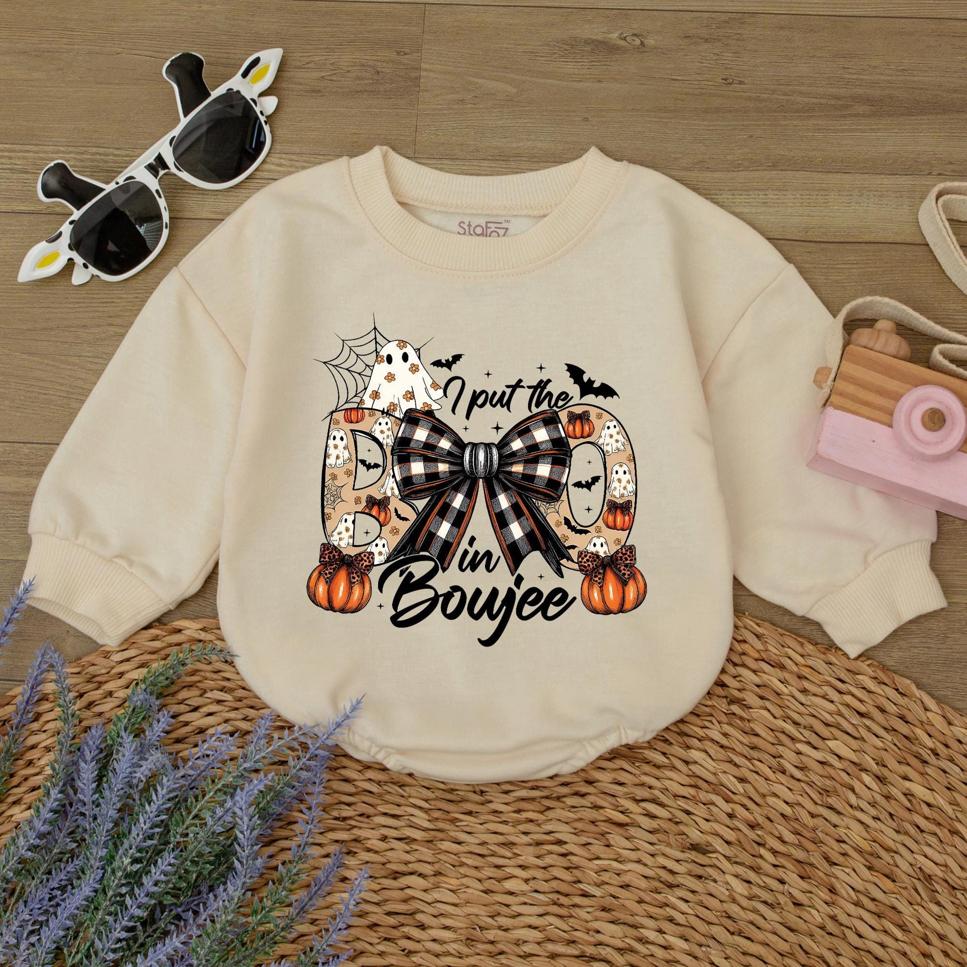 I Put The Boo in Boujee Halloween Sweatshirt, Plaid Bow Pumpkins & Spooky Ghosts, Gothic Toddler Sweater, Spooky Vibes Baby Outfit Romper