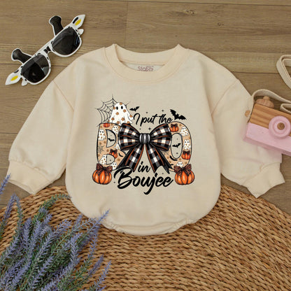 I Put The Boo in Boujee Halloween Sweatshirt, Plaid Bow Pumpkins & Spooky Ghosts, Gothic Toddler Sweater, Spooky Vibes Baby Outfit Romper
