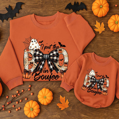 I Put The Boo in Boujee Halloween Sweatshirt, Plaid Bow Pumpkins & Spooky Ghosts, Gothic Toddler Sweater, Spooky Vibes Baby Outfit Romper