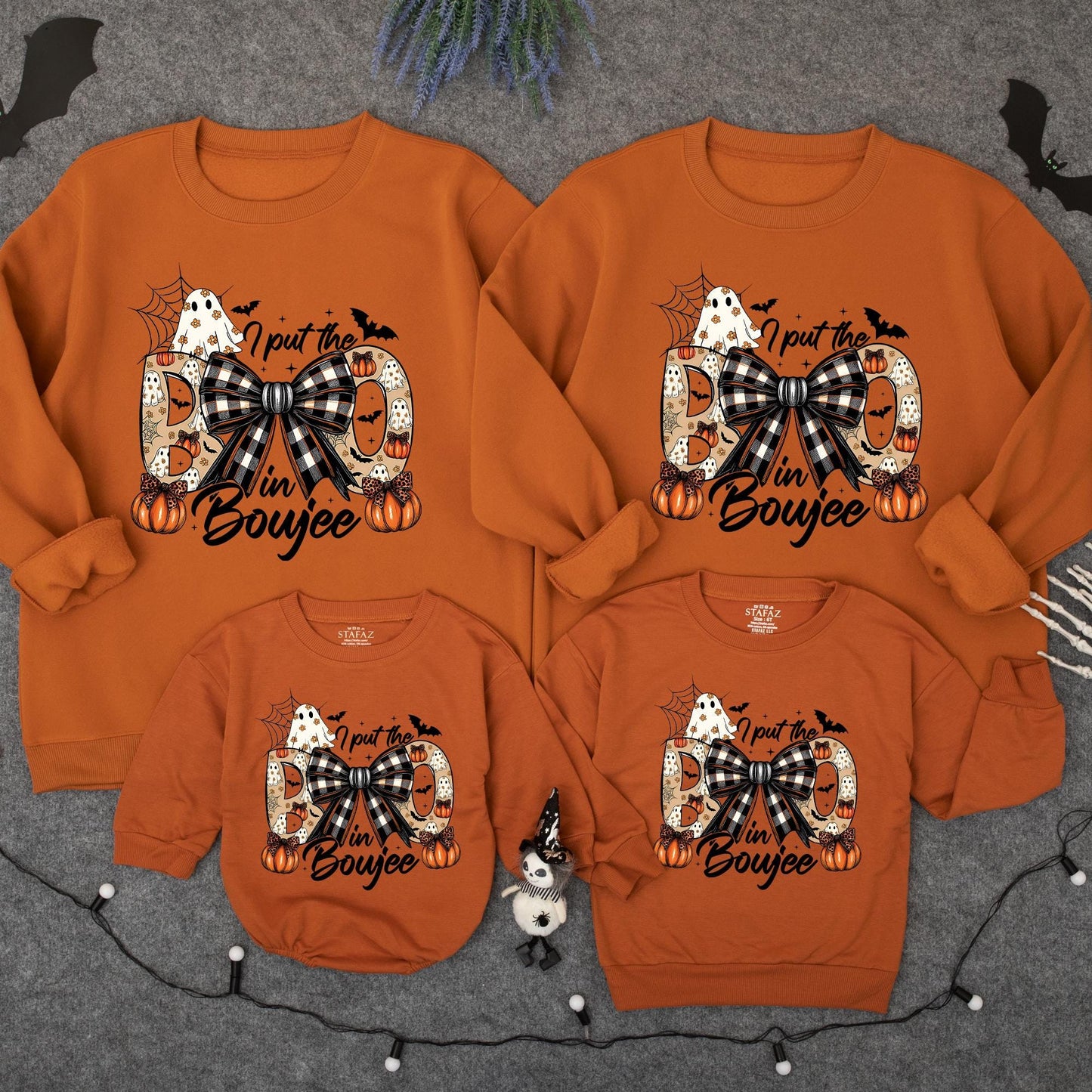 I Put The Boo in Boujee Halloween Sweatshirt, Plaid Bow Pumpkins & Spooky Ghosts, Gothic Toddler Sweater, Spooky Vibes Baby Outfit Romper