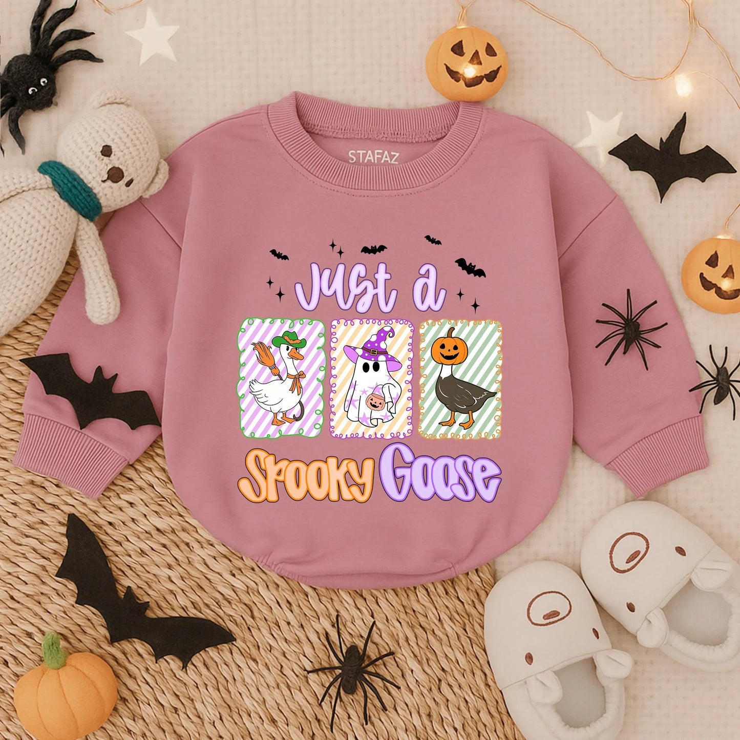 Just a Spooky Goose Halloween Baby Romper, Funny Infant Outfit, Bat Stars & Goose Illustrations, Cute Fall Bodysuit, Toddler Gift