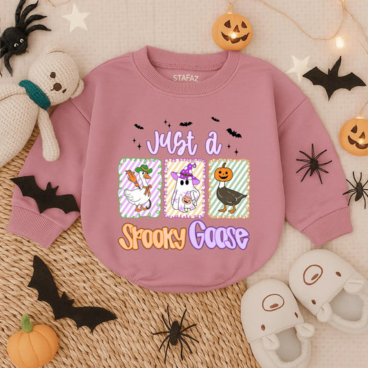 Just a Spooky Goose Halloween Baby Romper, Funny Infant Outfit, Bat Stars & Goose Illustrations, Cute Fall Bodysuit, Toddler Gift