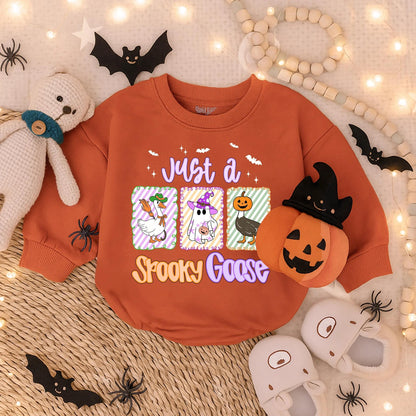 Just a Spooky Goose Halloween Baby Romper, Funny Infant Outfit, Bat Stars & Goose Illustrations, Cute Fall Bodysuit, Toddler Gift